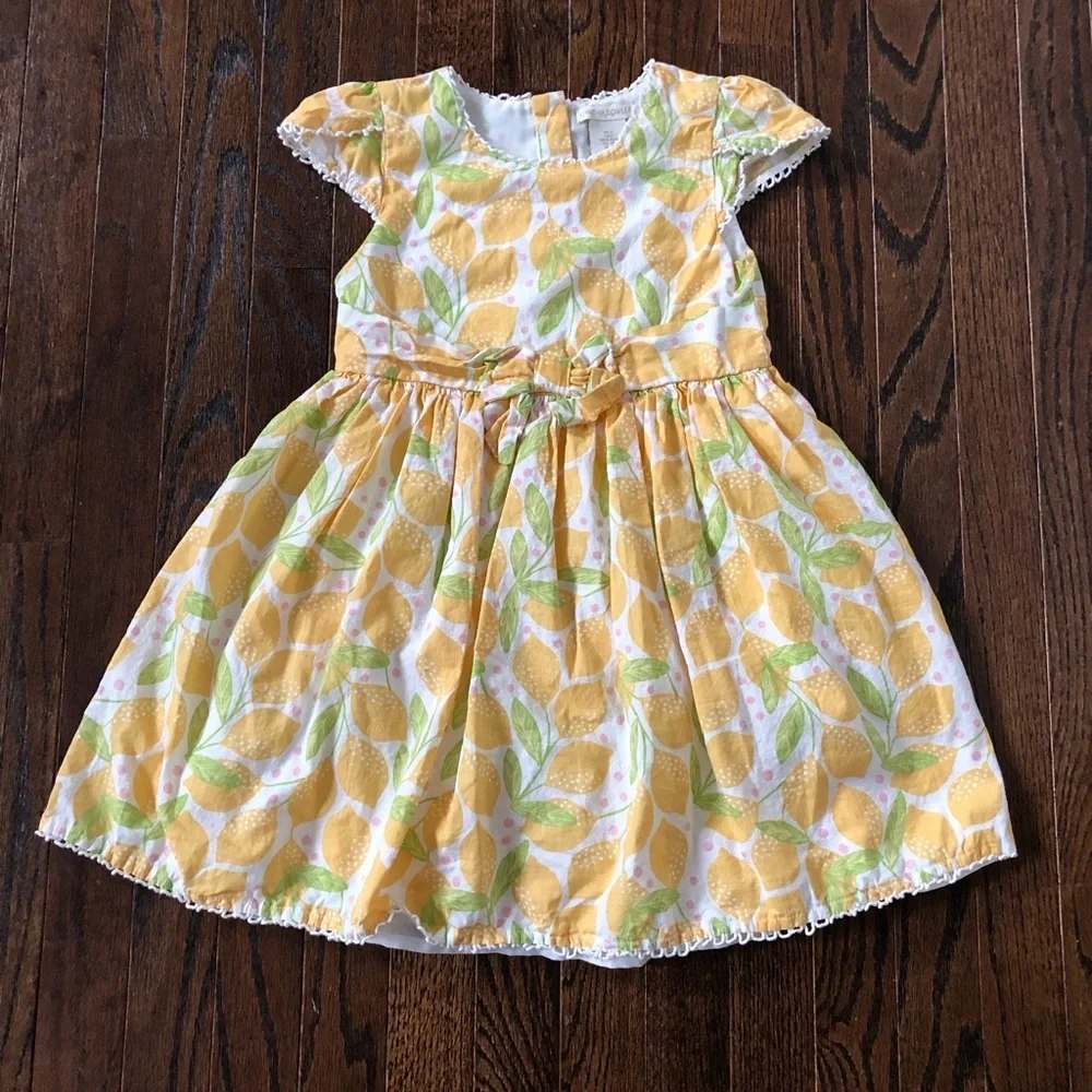 Cynthia Rowley Girls 7 White/Yellow Lemon Cap-Sleeved A-Line Lined Dress - VGUC!